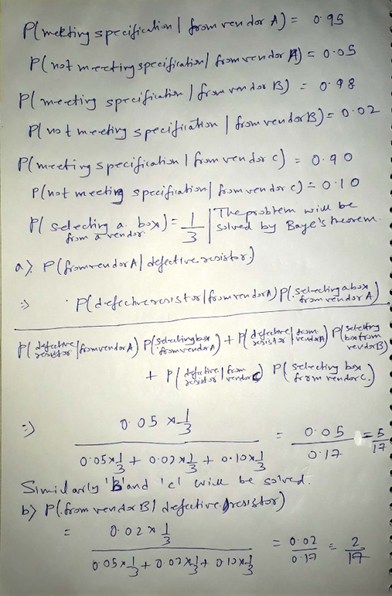 Plmekting specification I from vendor A) = 0.95 Plnot meeting specificationſ from vendor (A) = 0.05 Plmeeting specification.