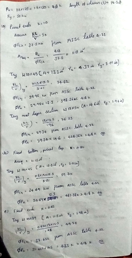 length of wlumn (Ys 12.5.16 Pu= 12x175 + 1.6x130 = 418k Fy- Soke las Penned ends k: 10 Asume ki so table 4-22 AISC ofer: 37 S