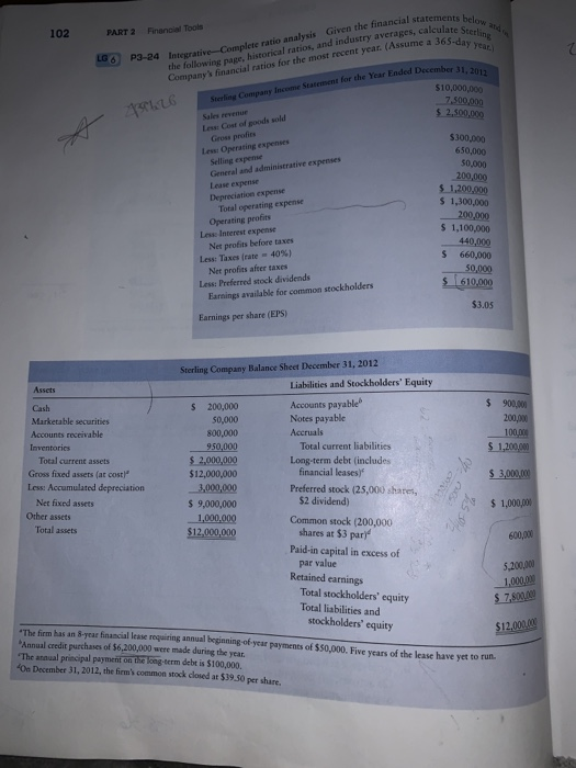 102 PART 2 Financial Tools eylate Sterling 365-day yet 0 h 31, 2012 P3-24 Interative Complete ratio analysis Given the financ