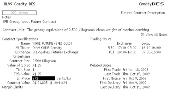 OLV9 Comdty DES ComdtyDES Futures Contract Description 22) News Notes SFE Greasy Wool Future Contract Contract Unit: The grea