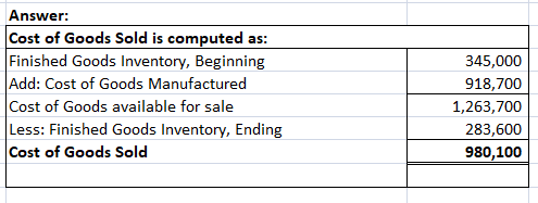 Answer: Cost of Goods Sold is computed as: Finished Goods Inventory, Beginning Add: Cost of Goods Manufactured Cost of Goods