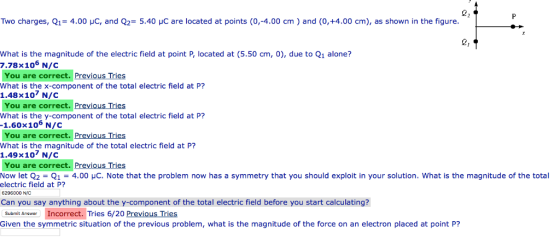 Two charges, Q1= 4.00 μС, and Q2= 5.40 pC are located at points (0,-4.00 cm ) and (0,+4.00 cm), as shown in the figure What is the magnitude of the electric field at point P, located at (5.50 cm, 0), due to Q1 alone? 7.78×106 N/C You are correct. Previous Tries What is the x-component of the total electric field at P? 1.48x107 N/C You are correct. Previous Tries What is the y-component of the total electric field at P? 1.60x106 N/C ou are correct. Previous Tries What is the magnitude of the total electric field at P? 1.49x107 N/C You are correct. Previous Tries Now let Q2-Q1 4.00 μC. Note that the problem now has a symmetry that you should exploit in your solution. what is the magnitude of the total electric field at P? 6296000 N/C Can you say anything about the y-component of the total electric field before you start calculating? Submit Answer Incorrect. Tries 6/20 Previous Tries Given the symmetric situation of the previous problem, what is the magnitude of the force on an electron placed at point P?