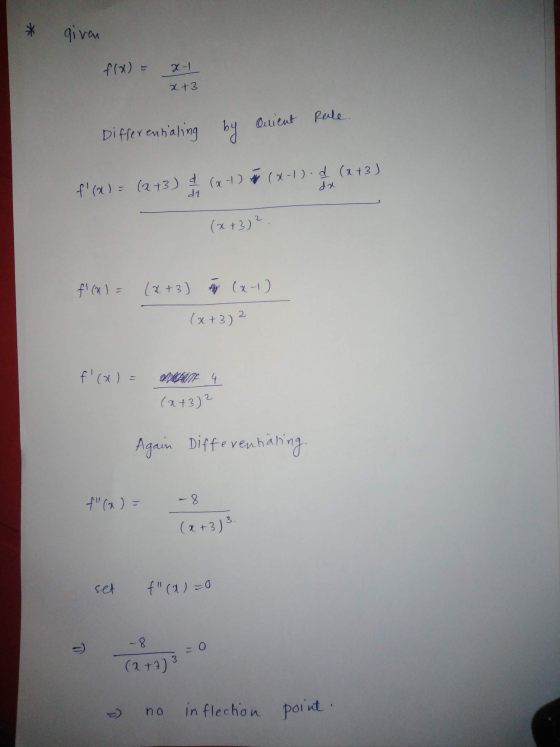 given f(x) = x-1 x+3 Quient Rale. Differentialing by f() = (2+3) d (x (x-1).d (x+3) dr da (x+3) ² f (x) = (x+3) thy (x-1) 2