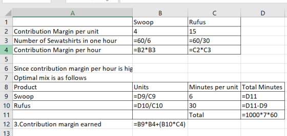 B Swoop 4 2 Contribution Margin per unit 3 Number of Sewatshirts in one hour 4. Contribution Margin per hour Rufus 15 =60/30