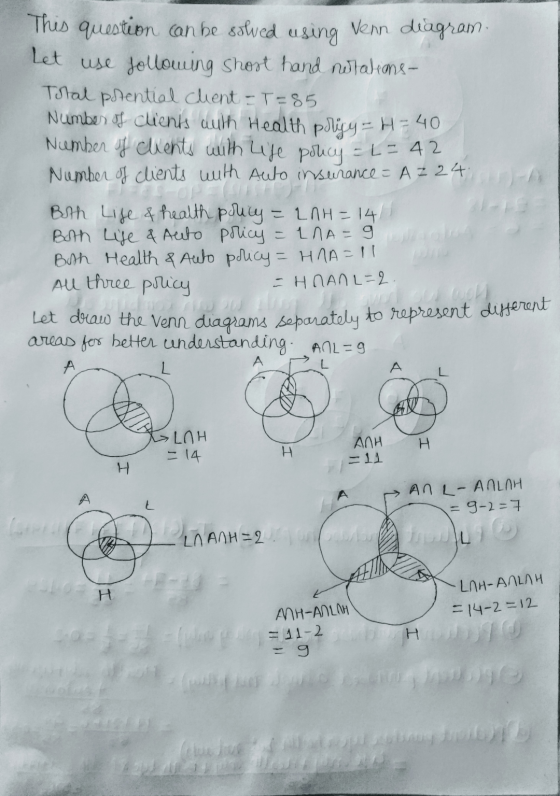 This question can be solved using Venn diagram Let use following shost hand notations- Total potential client =T=85 Number of