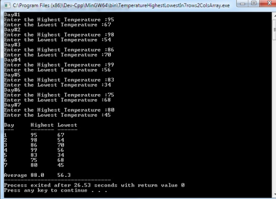 CProgram Files (x86)\Dev-Cpp MinGW64\bin TemperatureHighestlowestin7rows2ColsArray.exe Day#1 Enter the Highest Temperature 95