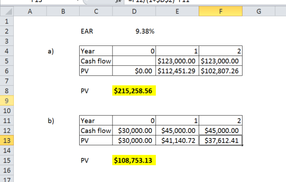 -112/ITUDY2) 111 ДA B C D F G EAR 9.38% au WNP Year Cash flow 1 $123,000.00 $123,000.00 $0.00 $112,451.29 $102,807.26 PV 7 8