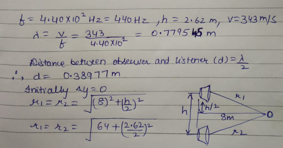 1=4.40x10 Hz=440Hzh= 2.62m, V=343 m/S 0.779545 m 343 4.40X10 Distance betueen ebdeuver and ustener (d)=A , d= 0-38977m Initi