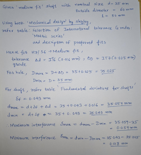 Given medium fit shaft with nominal size d= 35 mm Outside diameter 60mm l = 50mm Using book Mechanical designs by shigley, r