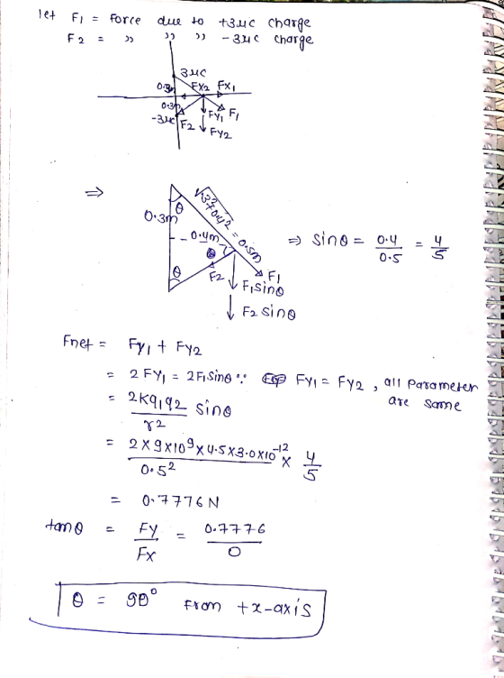 E let fi = F2 = Force = due to = t3uc charge -34 Charge 13цс 0. EX2 FX, -340/F2FY2 JAYAVAVAILAUMULIL 1340142 = o-m sino = 0.4