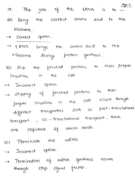18 The job ok the tRNA to (A) Bring the corre amino aud to he ibosome → Correct opHon LRNA brings the amino aud to the ribaso