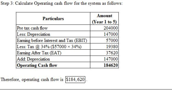 Step 3: Calculate Operating cash flow for the system as follows Amount Particulars Pre tax cash flow Less: Depreciation Earni
