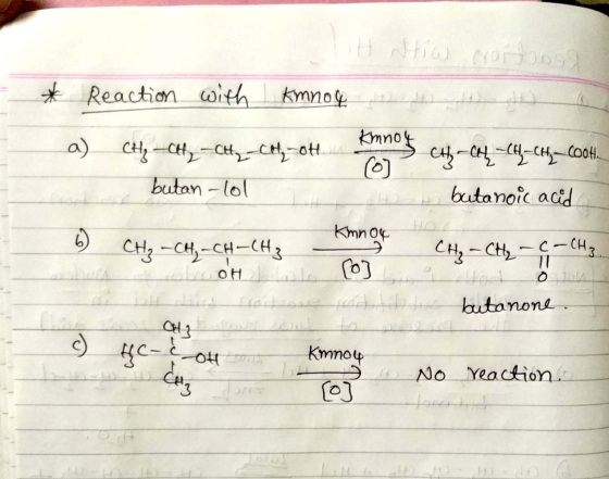 of stics Norbos * Reaction with kmnog Kmnou a) CH₂ CH₃ -Cty cotot () butan - lol butanoic acid CH-Ah -CH=CH₂COOH Kimnou o CH3
