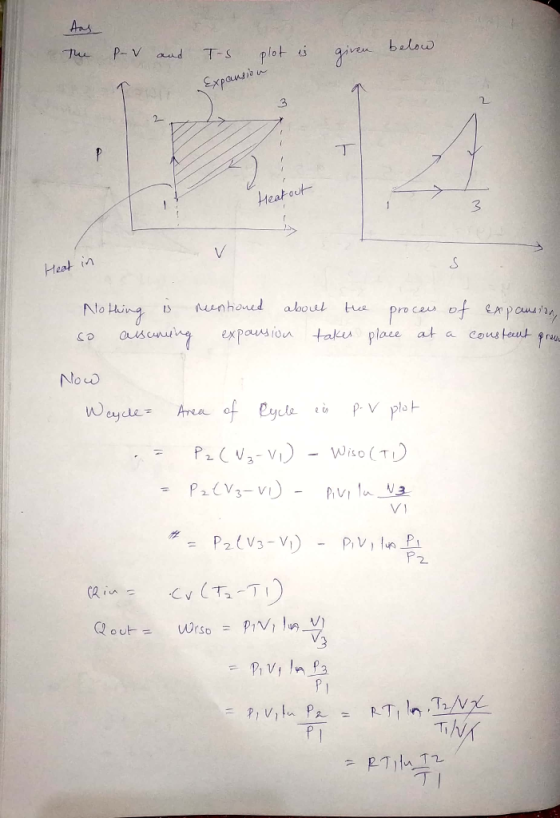 Aas The P-V and T- S plot is given below Expansion Heat out Heat in Nothing is so assuning mentioned about the process of exp