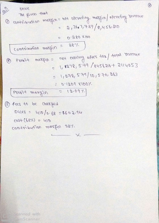 solve The given that ④ contribution margin = net operating margin/ operating revenue - 2,36,7,739/8,456210 = 0.280 x 100 I co