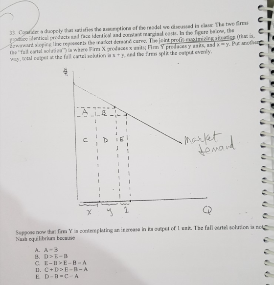 33. Consider a duopoly that satisfies the assumptions of the model we discussed in class: The two firms produce identical products and face identical and constant marginal costs. In the figure below, the ownward sloping line represents the market demand curve. The joint profit-maximizing situation (that is the full cartel solution) is where Firm X produces x units; Firm Y produces y units, and x- y. Put anotherc way, total output at the full cartel solution is x+y, and the firms split the output evenly MO Suppose now that firm Y is contemplating an increase in its output of 1 unit. The full cartel solutio Nash equilibrium because A. A B B. D>E-B C. E-B>E-B-A D. C+D> E-B-A E. D-B C A
