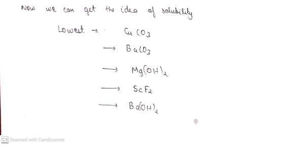 we can get the idea of solubility Lowest » Cu (03 BaCO3 - Mg(OH)₂ う Sc Fa BaOH)2 CS Scanned with CamScanner