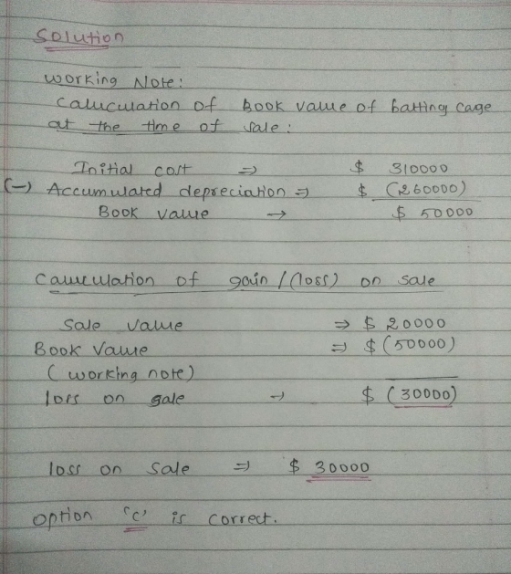 Solution working NNote calucuuation of tim e book vaue of batting Cage aut the of sale Tnitial 310000 cost Accumuulated depse