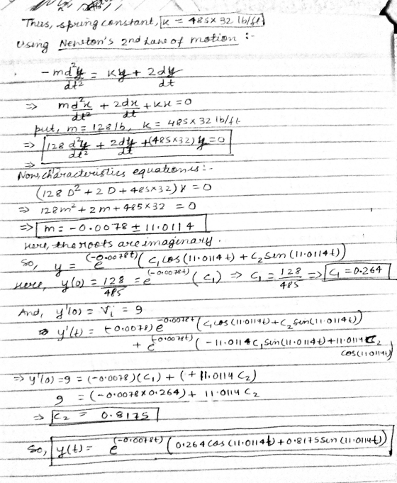 / Thus, spring constant, K = 425*32 1618 Using Nenetons 2nd Laws of motion : may = ky+ = ky+ zdy at2 dt +KA=0 st --> more ad