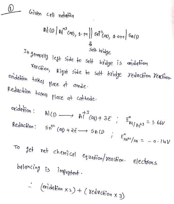 Given cell notation Alco / A16cas, ml) SatPat, 1.om/ saco sea Salt bridge generally left side to salt bridge is chon, Right s