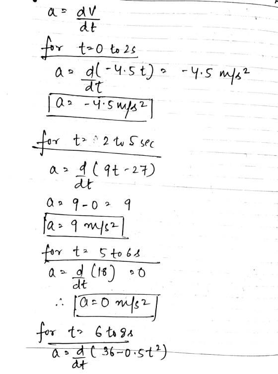 a av dt dur for t=0 to 25 ae dl-4.5+) -4.5 m/s² at a 2 -4.5 ups 2 for to t² n 2 tussec १ aad (qt-27) at az 9-02 aaq mys2 for
