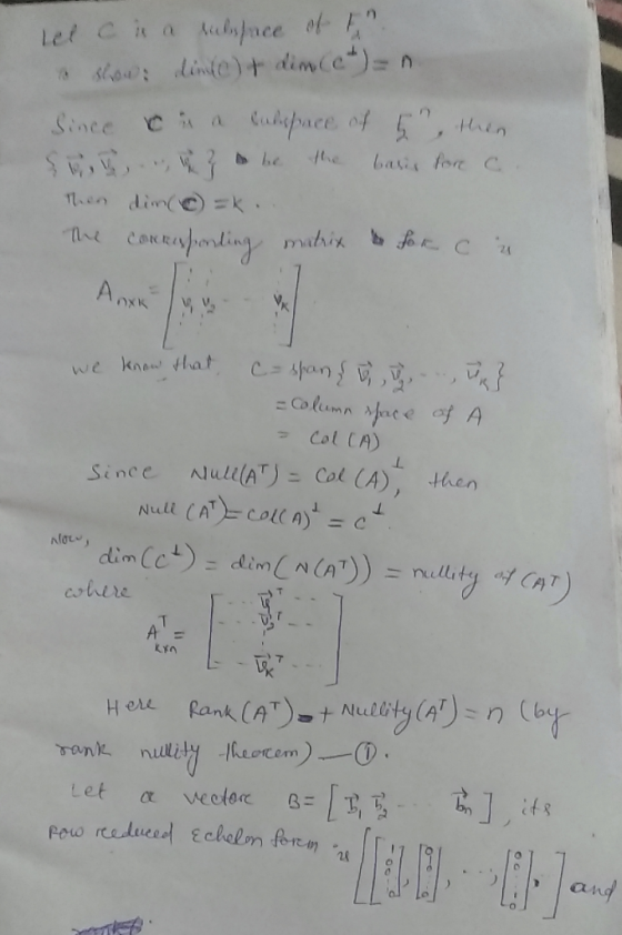 le cis a subspace of the show linke) + dim (et) = n. Since oua subspace of 5n, then S i ... z o be the basis for a Then din c