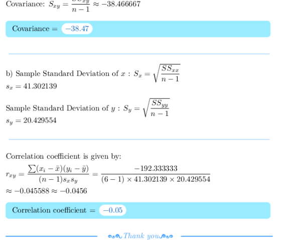 Covariance: Sry 1 -38.466667 Covariance-38.47 SSr b) Sample Standard Deviation of x : S,- 41.302139 Sample Standard Deviation
