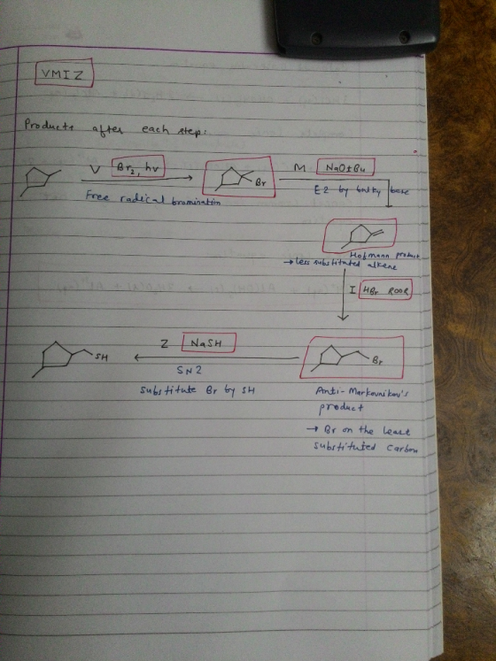 VMIZ Producte after each step: Bre, hva m NaO+ Bu E2 by bulky Free radical bromination Hofmann product less substituted alken