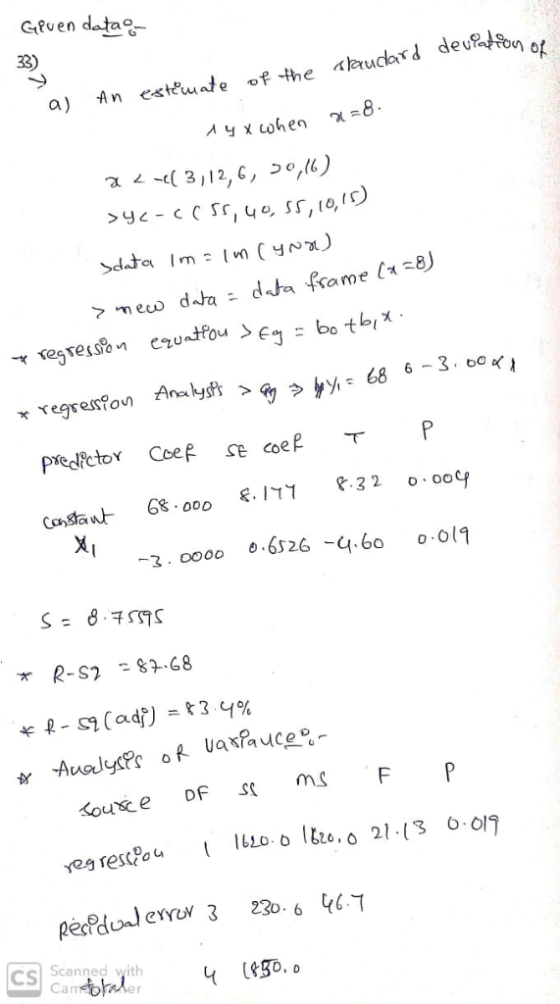Gfven dtae 33) a) An es trude of theィbrudard deyR honor regresto Anahys Xi -2. 0000 -6526 -4.60 0 ol1 R-S28 68 CSI Scann yith