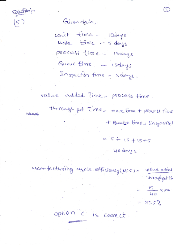Solectins (5) Given data, wait time - Todays more time - 5 days process time 15days Queue time - isdays Inspection time .. s