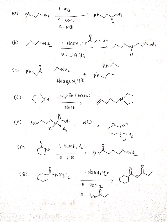 1. mg 2. COO as 3. He ph v Br → ph. -OH uph (b) NHL 1. Naoh .ph mph 2. GAHA ANA CC) ph { ANH NOBHCN, HO ph (d) Br(excess NH