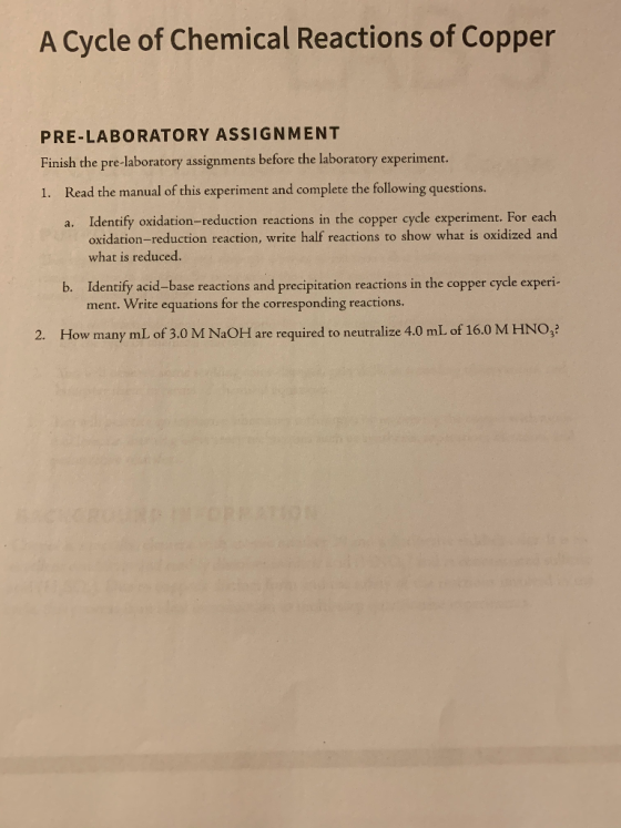A Cycle of Chemical Reactions of Copper PRE-LABORATORY ASSIGNMENT Finish the pre-laboratory assignments before the laboratory