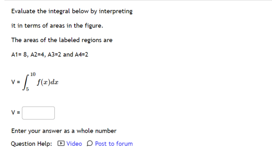 Evaluate the integral below by interpreting it in terms of areas in the figure. The areas of the labeled regions are A1 = 8,