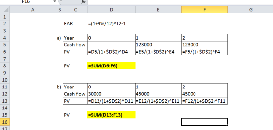 F16 Α B C D E F G EAR =(1+9%/12)^12-1 O 60 vu WNA a) Year Cash flow PV 1 123000 =E5/(1+$D$2)^E4 2 123000 =F5/(1+$D$2)^F4 =D5/
