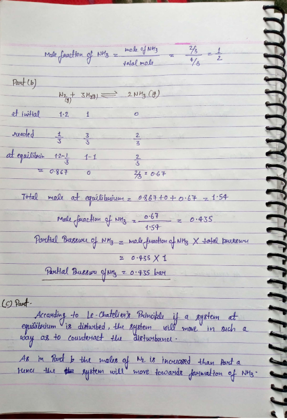 Male fraction of NHg z mos • миз total mole Part (6) N2 + 3 Hyg) - 2NH₃ Co. at initial 1.2 at equilitacin 12-12 1-1 } 20.867