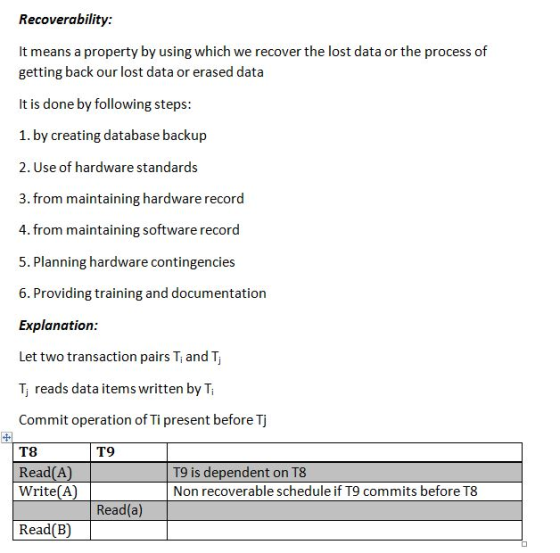 Recoverability: It means a property by using which we recover the lost data or the process of getting back our lost data or e