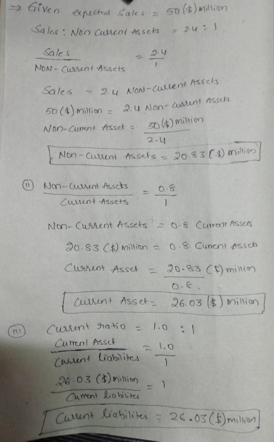 Given expected sales - 50 ($) million Sales : Non current Assets 24:1 Sales MON - Current Assets Sales - = 2.4 2.4 NON-Curren