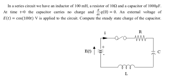 In a series circuit we have an inductor of 100 mH, a resistor of 109 and a capacitor of 1000uF. At time to the capacitor carr