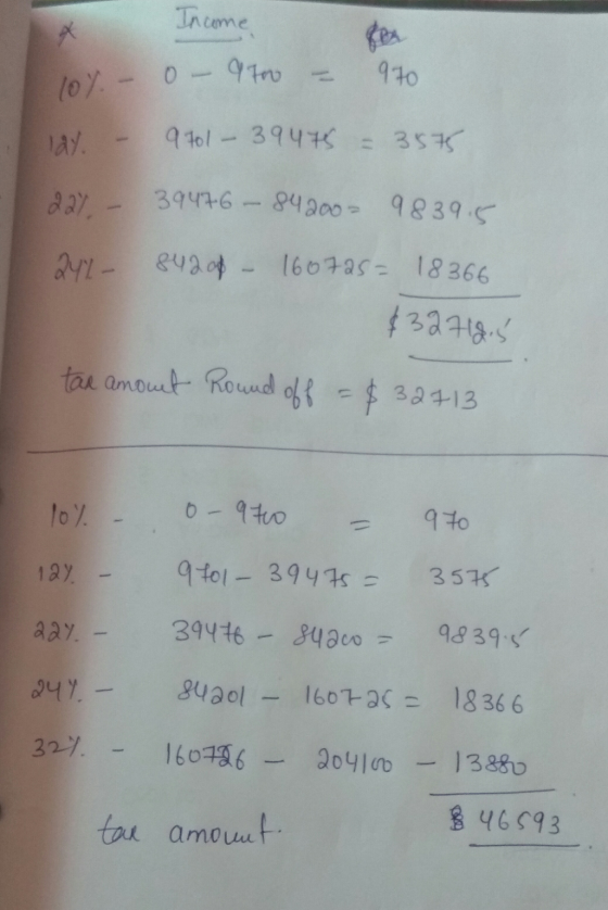 Income 910 10% - 0 - 9700 lay 9701 - 39475 = 3575 227. 39476 - 84200 9839.5 244- 842 op 160725= 18366 $32718.5 tax amount Rou