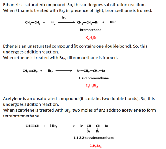 Ethane is a saturated compound. So, this undergoes substitution reaction. When Ethane is treated with Bra in presence of ligh