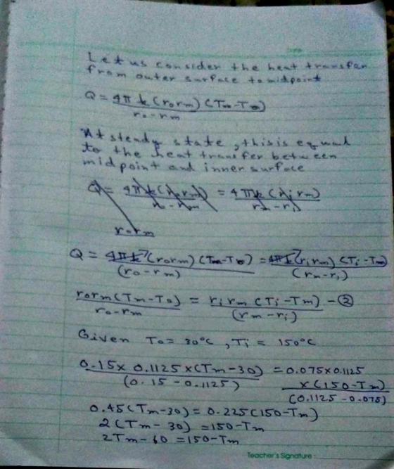 Q = 40 k (rorm) CT-To) At steady state this is egne to the heat transfer between midpoint and inner surface VO Q =90k Crorm)