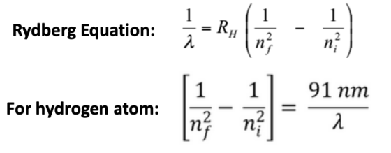 1 1 Rydberg Equation: -R, a n 1 1 91 nm For hydrogen atom: 2 n 2 ni λ