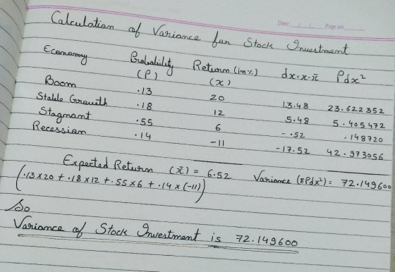 Date: 1 Page no Calculation of Variance fan Stock Inuestment dx:x-ic Pdxc² Ecamamy Probability _leo :13 18 Return (ime) (26)