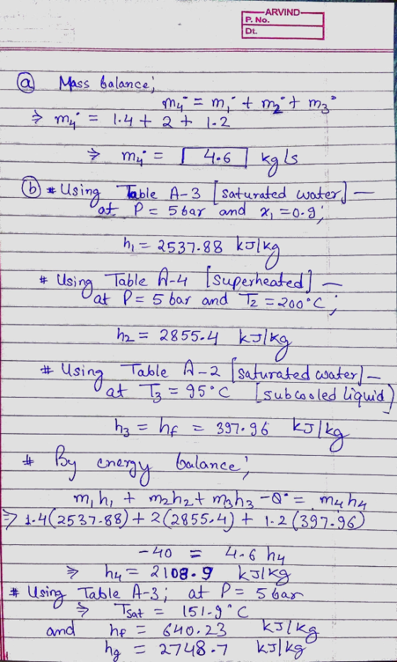ARVIND P. No. Dt. Mass balance mtnm t m3 .4 1.2 m4 46 -Us ing Table A-3 ot P 56ar and 0-9 Saturated water 2537.88 Usi ng Tabl