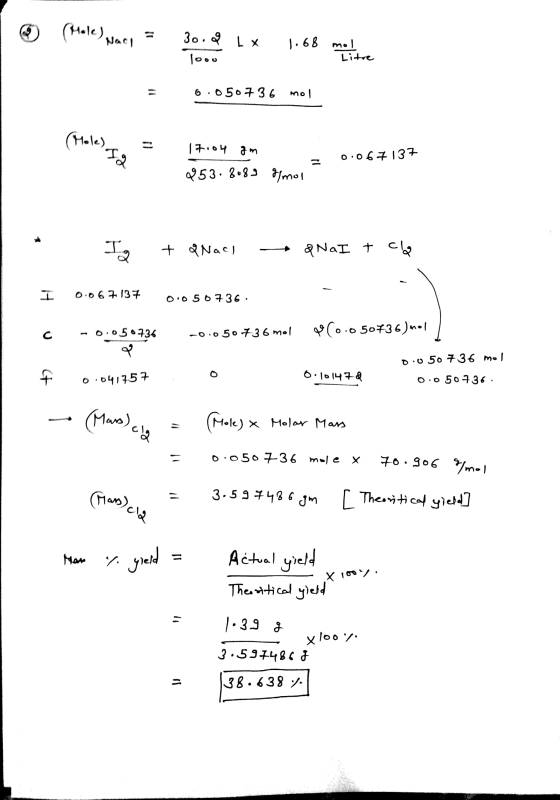 (Mole) 30.9 L x NAC 1.68 mol Litre 6.050736 mol (Moles 11 17.04 am IQ = 0.067137 253.8089 g/mol H + 9 Nach & NaI t cla I 0.06