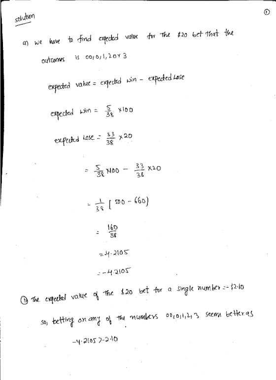 α) we have to fnd cxRctd value fr The $20 bet that the valuc exectd kin - expected hese etpe expechd Lose: 3.5 x 20 38 38 38