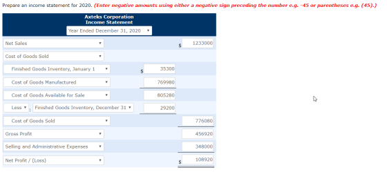 Prepare an income statement for 2020. (Enter negative amounts using either a negative sign preceding the number e.g. -45 or p