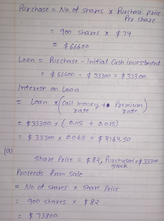 Purchase = No. of shares & Purchase price Per share Loan = - 900 shares & $74 = $66600 Purchase - Initial Cash investment $66