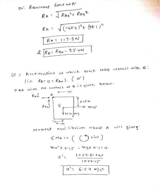 So. Resultant force cet A! RA = JRAX + Raya RA: V-654 12+ (98.1)? TRA= 117.9N| & IRB = R Bx = 35. 4N I B: loses contact with