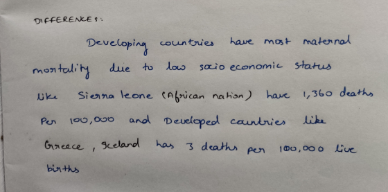 DIFFERENCES - Developing countries have most maternal mortality due to low socio economic status like Sierra leone (African n